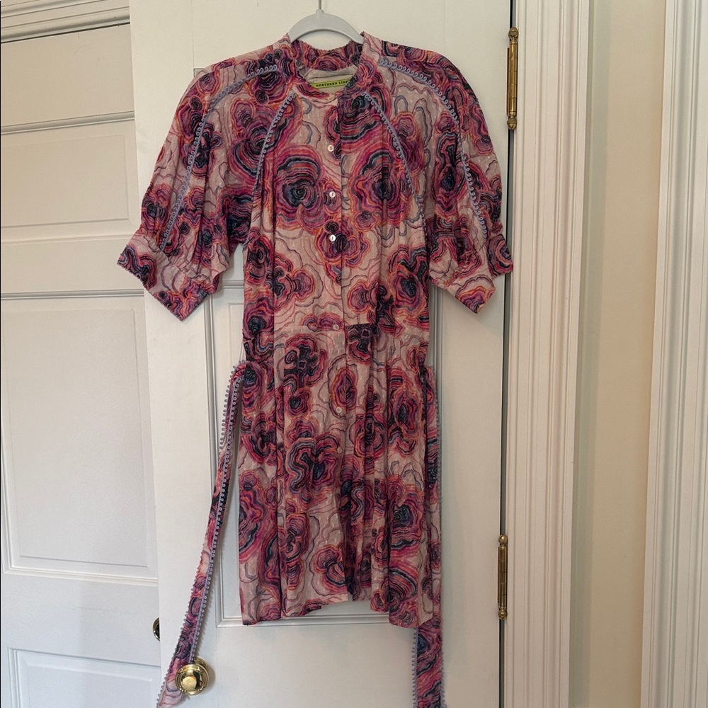 Elegant Long Sleeve Dress with Pink and Purple Swirl